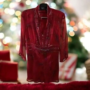 New York City design company red holiday shirt sheer medium with sequins…